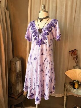 Shoreline Lavender purple Tie-Dye Dress with Embroidery boho festival hippie